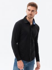 Koszula męska dzianinowa z długim rękawem - czarna V4. Czarne koszule męskie Ombre Clothing, m, bez wzorów, z dzianiny, bez kołnierzyka, bez ramiączek. W wyprzedaży za 39.99 zł.
