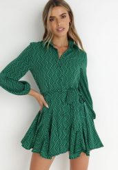 Zielona Sukienka Koszulowa Horro. Zielone sukienki damskie Born2be, l, bez wzorów, z materiału, bez kołnierzyka, bez ramiączek, mini, koszulowe. Za 169.99 zł.