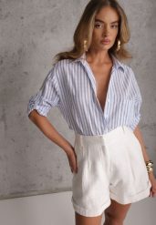 Jasnoniebieska Koszula Oversize z Bawełny w Paski z Podwijanymi Rękawami Mesevis. Niebieskie koszule damskie Renee, m, bez wzorów, z bawełny, eleganckie, bez kołnierzyka, bez ramiączek. Za 79.99 zł.