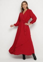 Czerwona Kopertowa Asymetryczna Sukienka Koktajlowa z Wiskozą Ozdobiona Paskiem Lanoresa. Czerwone sukienki damskie Born2be, na imprezę, xl, bez wzorów, z wiskozy, eleganckie, z asymetrycznym kołnierzem, bez ramiączek, maxi, asymetryczne. Za 99.99 zł.