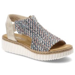Sandały damskie Rieker, cholewka z materiału tekstylnego wsuwany fason na platformie, kolorowe, 69284-90. Sandały damskie Rieker, bez wzorów, bez obcasa, na platformie, bez zapięcia. Za 329.00 zł.