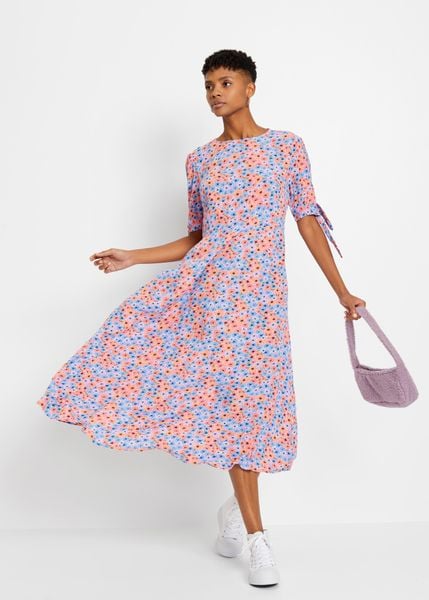 Sukienka midi. Fioletowe sukienki damskie bonprix, bez wzorów, bez kołnierzyka, bez ramiączek, midi. Za 159.99 zł.