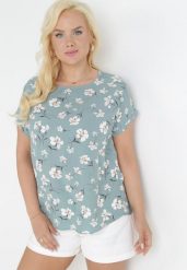 Zielona Bluzka Oversize w Kwiaty z Krótkim Rękawem Suzane. Zielone bluzki damskie Born2be, l, bez wzorów, z bawełny, bez kołnierzyka, bez ramiączek. Za 64.99 zł.