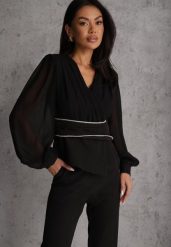 Czarna Bluzka VICES w Kopertowym Stylu z Luźnymi Transparentnymi Rękawami i Dekoltem V Inge. Czarne bluzki damskie Renee, l, bez wzorów, z jeansu, eleganckie, bez kołnierzyka, bez ramiączek. Za 149.99 zł.