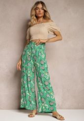 Zielone Bawełniane Spodnie Boho w Stylu Palazzo z Gumką w Pasie i Wysokim Stanem Pravia. Zielone spodnie materiałowe damskie Renee, bez wzorów, z bawełny, boho, z podwyższonym stanem. Za 49.99 zł.
