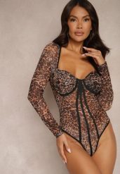 Brązowe Transparentne Body w Panterkę z Usztywnionymi Miseczkami Venoriae. Brązowe body Renee, bez wzorów. Za 99.99 zł.