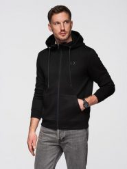 Rozpinana bluza męska z kapturem z gładkiej dzianiny - czarna V1 - Rozmiar: L. Czarne bluzy męskie Ombre Clothing, l, bez wzorów, z dzianiny, biznesowe, bez ramiączek, z kapturem. Za 229.99 zł.
