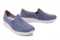 RIEKER N3363-10 blue, półbuty damskie. Niebieskie półbuty damskie Rieker, bez wzorów, bez obcasa, bez zapięcia. Za 279.90 zł.