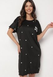 Czarna Koszula Nocna z Bawełną w Kropki z Napisem Firasine. Czarne koszule nocne damskie Born2be, bez wzorów, z bawełny, bez ramiączek. Za 39.99 zł.