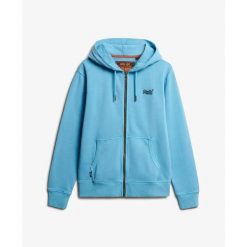 Rozpinany, wyblakły hoodie z logo Superdry Essential. Niebieskie bluzy męskie Superdry, m, bez wzorów, bez ramiączek, z kapturem. Za 376.20 zł.