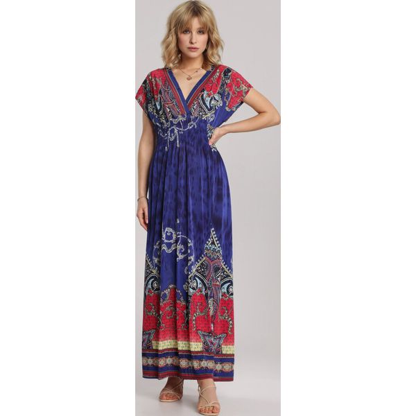 Niebieska Sukienka o Kopertowym Kroju w Ornamentalny Print Nalori. Niebieskie sukienki damskie Renee, na co dzień, l, bez wzorów, bez kołnierzyka, bez ramiączek, maxi, kopertowe. Za 69.99 zł.
