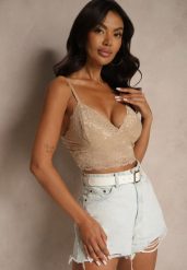 Beżowy Dopasowany Top z Koronki na Ramiączkach Pasirelia. Brązowe topy damskie Renee, l, bez wzorów, z jeansu, eleganckie, bez kołnierzyka, bez ramiączek. Za 49.99 zł.