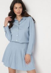 Jasnoniebieska Koszula w Klasycznym Stylu z Bawełny Andeviea. Niebieskie koszule damskie Born2be, l, z aplikacjami, z bawełny, eleganckie, bez kołnierzyka, bez ramiączek. Za 119.99 zł.