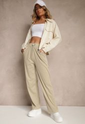 Beżowe Spodnie z Wiskozą High Waist z Ozdobną Aplikacją Frovanna. Brązowe spodnie materiałowe damskie Renee, z aplikacjami, z jeansu, eleganckie, z podwyższonym stanem. Za 49.99 zł.