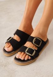 Czarne Klapki VICES z Dwoma Paskami i Metalicznymi Klamrami Kaliniassi. Czarne klapki damskie Born2be, na lato, z aplikacjami, z materiału, z otwartym noskiem, bez obcasa, na płaskiej podeszwie, bez zapięcia. Za 99.99 zł.