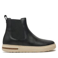 Sztyblety Birkenstock. Czarne botki damskie Birkenstock, bez wzorów, ze lnu, bez obcasa, na płaskiej podeszwie, bez zapięcia. Za 499.99 zł.