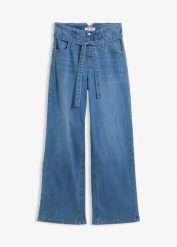 Jeansy wide leg, high waist, z bawełny organicznej. Niebieskie jeansy damskie bonprix, bez wzorów, z bawełny, z podwyższonym stanem. Za 189.99 zł.
