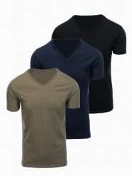 Zestaw męskich bawełnianych t-shirtów V-neck BASIC – czarny/granatowy/ciemnooliwkowy V7 - Rozmiar: L. Niebieskie t-shirty męskie Ombre Clothing, l, bez wzorów, z bawełny, bez kołnierzyka, bez ramiączek. Za 169.99 zł.