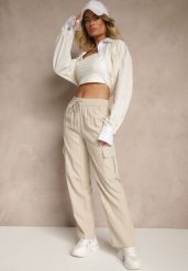 Jasnobeżowe Spodnie Cargo z Bawełną o Szerokim Kroju High Waist Mairiora. Brązowe spodnie materiałowe damskie Renee, bez wzorów, z bawełny, z podwyższonym stanem. Za 39.99 zł.