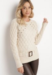 Jasnobeżowy Sweter Ozdobiony Tłoczeniem i Paskiem Kortissta. Brązowe swetry nierozpinane damskie Born2be, m, bez wzorów, z jeansu, klasyczne, bez kołnierzyka, bez ramiączek. Za 119.99 zł.