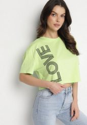 Zielony Krótki Bawełniany T-shirt z Napisem Sannirra. Zielone t-shirty damskie Born2be, m, bez wzorów, z bawełny, klasyczne, bez kołnierzyka, bez ramiączek. Za 34.99 zł.