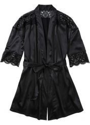 Satynowe kimono z efektem połysku. Czarne szlafroki damskie bonprix, bez wzorów, z koronki, bez ramiączek, bez kaptura. Za 122.99 zł.
