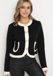 Czarny Kardigan z Wełną Guzikami i Ozdobnymi Kieszeniami Ennavia. Czarne kardigany damskie Born2be, z aplikacjami, z jeansu, eleganckie, bez kołnierzyka. Za 139.99 zł.