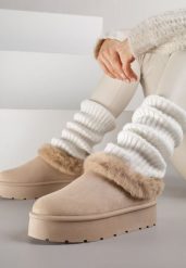 Ciemnobeżowe Krótkie Śniegowce na Platformie Ozdobione Futerkiem Sewlara. Brązowe śniegowce damskie Renee, z jeansu, bez zapięcia. Za 59.99 zł.