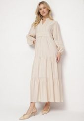 Jasnobeżowa Wiskozowa Sukienka Boho o Rozkloszowanym Kroju z Gumką i Koronką Gonillea. Brązowe sukienki damskie Born2be, na co dzień, na lato, l, z aplikacjami, z koronki, boho, bez kołnierzyka, bez ramiączek, maxi, rozkloszowane. Za 139.99 zł.