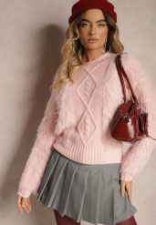 Różowy Sweter z Wełną o Fakturze Imitującej Pióra z Ozdobną Wstawką o Wzorzystym Splocie Mirirra. Czerwone swetry nierozpinane damskie Renee, bez wzorów, z wełny, casualowe, bez kołnierzyka, bez ramiączek. Za 54.99 zł.