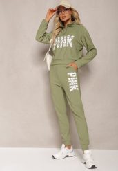 Zielony Komplet z Napisem Bluza Krótka i Spodnie ze Ściągaczami Nimilia. Zielone bluzy damskie Renee, l, bez wzorów, bez ramiączek, bez kaptura. Za 69.99 zł.