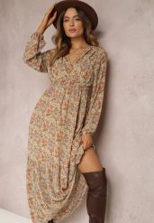 Beżowa Sukienka z Kopertowym Dekoltem i Gumką w Talii Behi. Brązowe sukienki damskie Renee, na co dzień, l, bez wzorów, eleganckie, bez kołnierzyka, bez ramiączek, maxi, kopertowe. Za 119.99 zł.