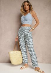 Niebieskie Spodnie o Szerokim Kroju High Waist w Romby Sarriza. Niebieskie spodnie materiałowe damskie Renee, z aplikacjami, z jeansu, z podwyższonym stanem. Za 39.99 zł.
