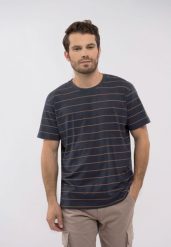 T-shirt w paski T-ALLY. Niebieskie t-shirty męskie Volcano, l, z aplikacjami, z bawełny, bez kołnierzyka, bez ramiączek. Za 79.99 zł.