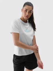 4F T-shirt regular z nadrukiem damski - biały S. Białe t-shirty damskie 4F, s, bez wzorów, z bawełny, klasyczne, bez kołnierzyka, bez ramiączek. W wyprzedaży za 39.99 zł.