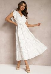 Biała Haftowana Sukienka z Bawełny z Rozkloszowanym Dołem z Koronką i Falbankami Xirina. Białe sukienki damskie Renee, na lato, w ażurowe wzory, z bawełny, bez kołnierzyka, bez ramiączek, maxi, rozkloszowane. Za 159.99 zł.