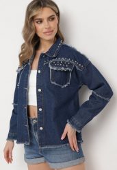 Granatowa Bawełniana Kurtka Jeansowa z Ćwiekami Quintilla. Niebieskie kurtki damskie Born2be, l, bez wzorów, z bawełny, bez kaptura. Za 49.99 zł.