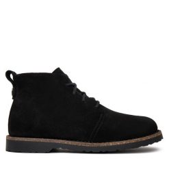 Botki Birkenstock. Czarne botki damskie Birkenstock, bez wzorów, bez obcasa, na płaskiej podeszwie, bez zapięcia. Za 859.99 zł.