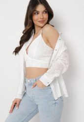 Biała Bawełniana Koszula Ażurowa z Topem na Cienkich Ramiączkach Leassen. Białe koszule damskie Born2be, m, w ażurowe wzory, z bawełny, boho, bez kołnierzyka, bez ramiączek. Za 109.99 zł.