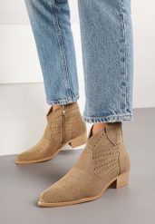 Ciemnobeżowe Botki na Stożku w Stylu Kowbojek z Ażurową Cholewką Fonarela. Brązowe botki damskie Renee, z aplikacjami, z jeansu, eleganckie, bez obcasa, na obcasie, bez zapięcia. Za 119.99 zł.