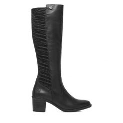 Kozaki Rieker. Czarne kozaki damskie Rieker, bez wzorów, bez obcasa, na słupku, bez zapięcia. Za 439.99 zł.