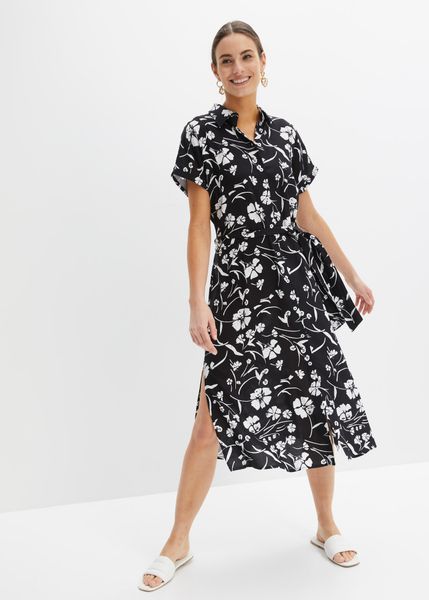 Sukienka koszulowa z czystej wiskozy. Czarne sukienki damskie bonprix, bez wzorów, z wiskozy, bez kołnierzyka, bez ramiączek, koszulowe. Za 122.99 zł.