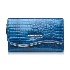 Portfel damski skórzany lakierowany z tłoczeniem croco niebieski SP-24-CDB. Niebieskie portfele damskie Paolo Peruzzi, z lakierowanej skóry. Za 109.00 zł.