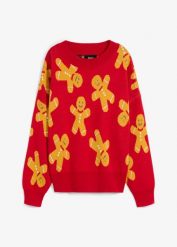 Cienki sweter z okrągłym dekoltem, oversize. Czerwone swetry nierozpinane damskie bonprix, bez wzorów, wizytowe, bez kołnierzyka, bez ramiączek. Za 99.99 zł.