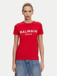 Balmain T-Shirt BF1EF005BB02 Czerwony Regular Fit. Czerwone t-shirty damskie Balmain, m, bez wzorów, z bawełny, bez kołnierzyka, bez ramiączek. Za 1,849.00 zł.