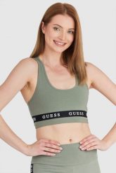 GUESS Zielony top sportowy z logo. Zielone koszulki sportowe damskie Guess, m, z aplikacjami, z bawełny, bez ramiączek. W wyprzedaży za 139.99 zł.