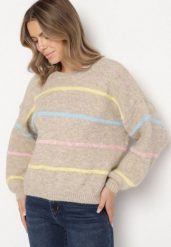 Beżowy Nietoperzowy Sweter z Domieszką Wełny w Kolorowe Paski Rallieva. Brązowe swetry nierozpinane damskie Born2be, l, bez wzorów, z jeansu, klasyczne, bez kołnierzyka, bez ramiączek. Za 149.99 zł.