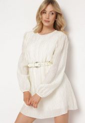 Jasnobeżowa Rozkloszowana Sukienka z Gumką w Pasie i Długim Rękawem Biasha. Brązowe sukienki damskie Born2be, na co dzień, m, bez wzorów, eleganckie, bez kołnierzyka, bez ramiączek, mini, dopasowane. Za 99.99 zł.