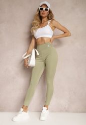 Zielone Legginsy High Waist z Gumką w Pasie Cloen. Zielone legginsy damskie Renee, bez wzorów, z jeansu. Za 24.99 zł.