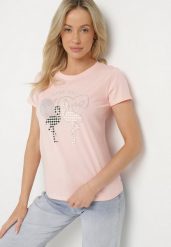 Różowy T-shirt z Bawełny z Cyrkoniami i Nadrukiem Listebia. Czerwone t-shirty damskie Born2be, m, bez wzorów, z bawełny, klasyczne, bez kołnierzyka, bez ramiączek. Za 34.99 zł.